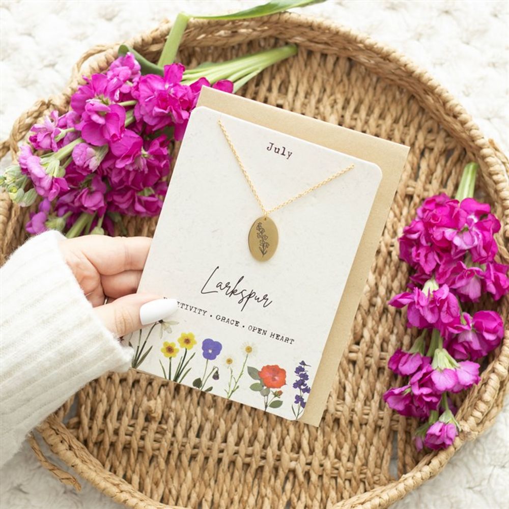 July Birth Flower Necklace Card - Larkspur Charm on Nickel-Free Chain