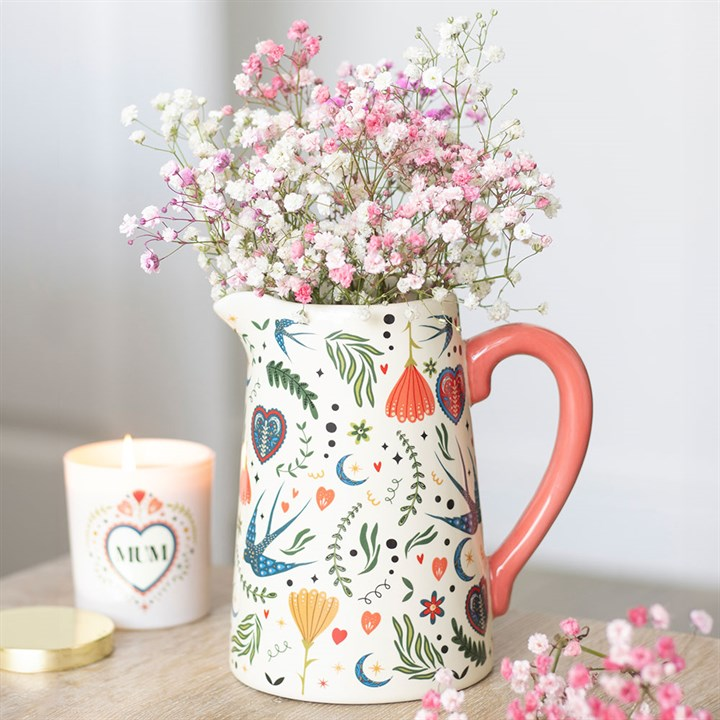Cream Folk Print Ceramic Flower Jug