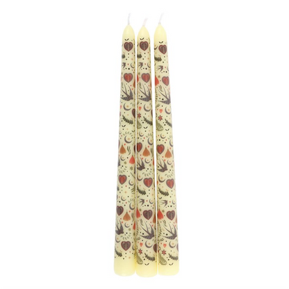 Set of 3 Cream Midnight Bloom Print Taper Candles